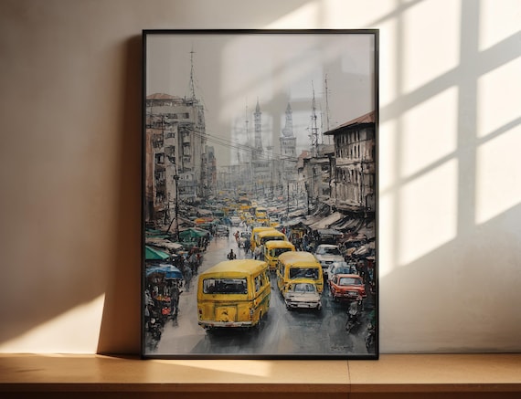 Lagos Nigeria Yellow Buses Busy Market Street City Art Poster