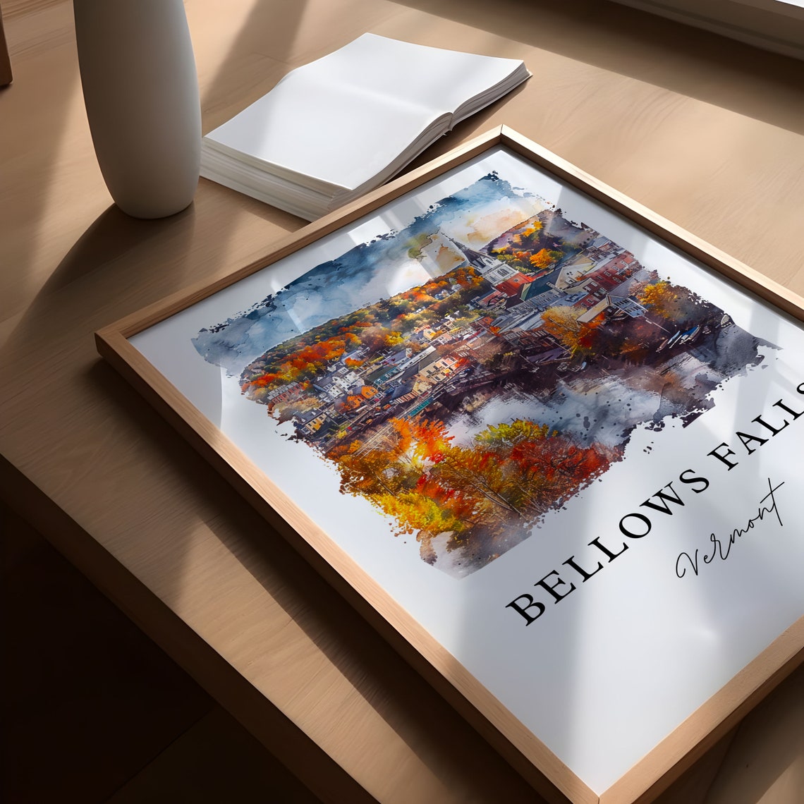 Bellows Falls Vermont River Town Fall Foliage Watercolor Art Poster - Image 5
