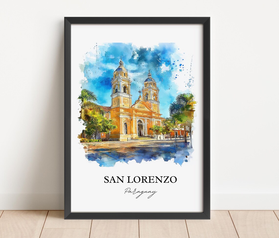 San Lorenzo Paraguay Watercolor Cathedral Twin Towers Travel Poster - Image 5