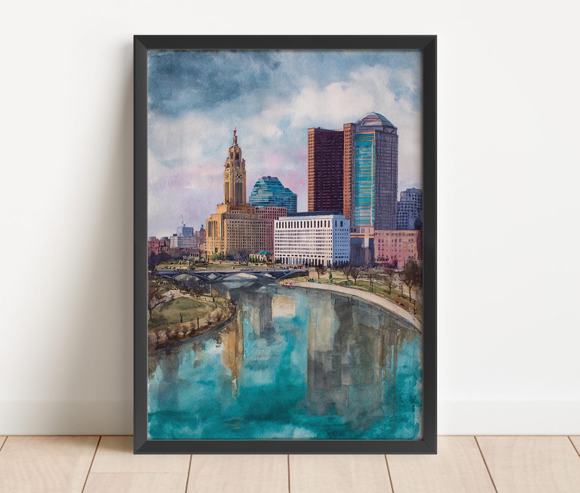 Columbus Ohio Skyline Watercolor Poster with LeVeque Tower and River