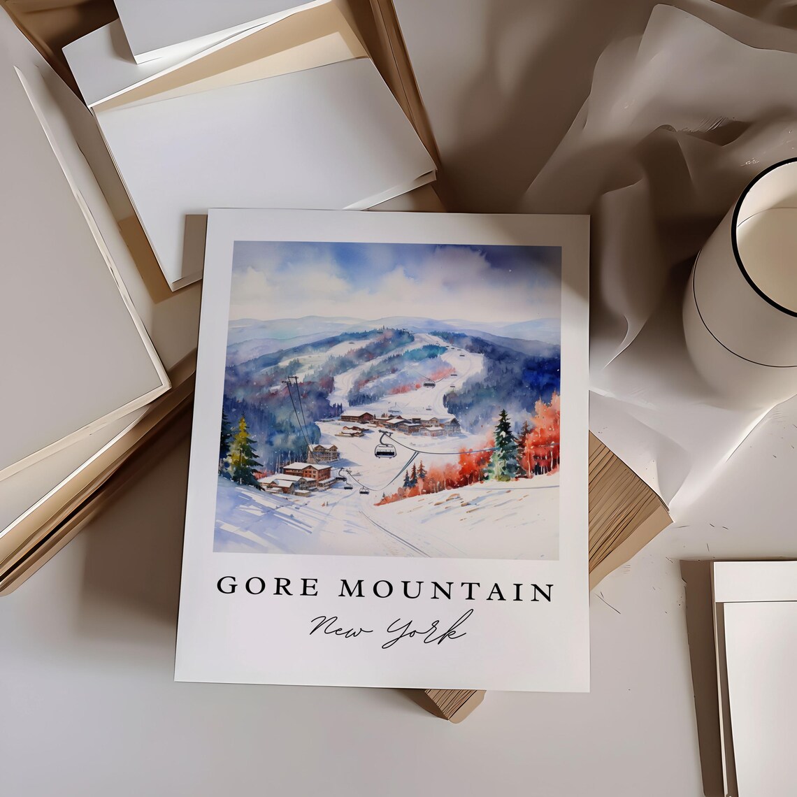 Gore Mountain New York Ski Resort Slopes Watercolor Winter Poster - Image 6