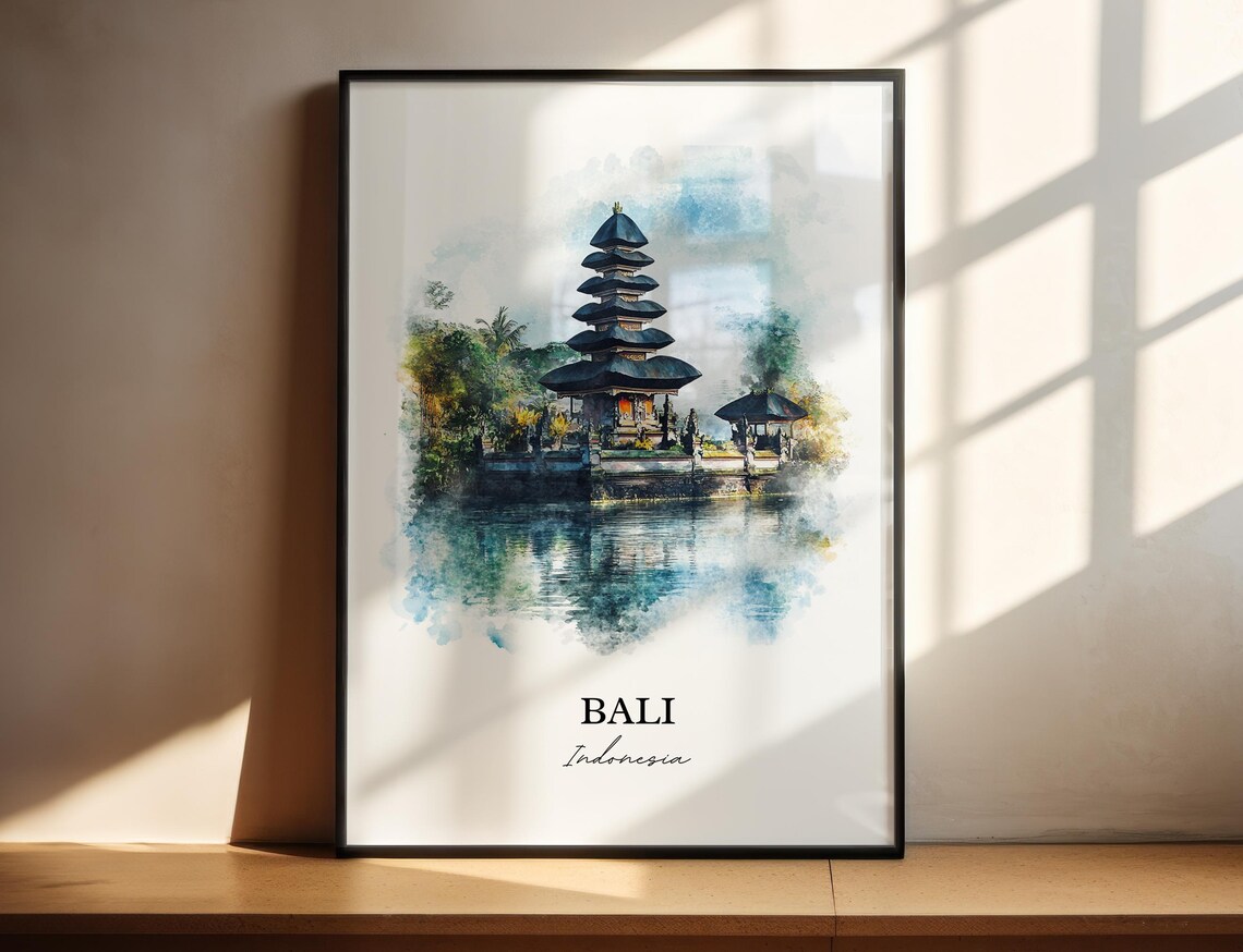 Bali Indonesia Watercolor Lake Temple Serene Island Scene Poster