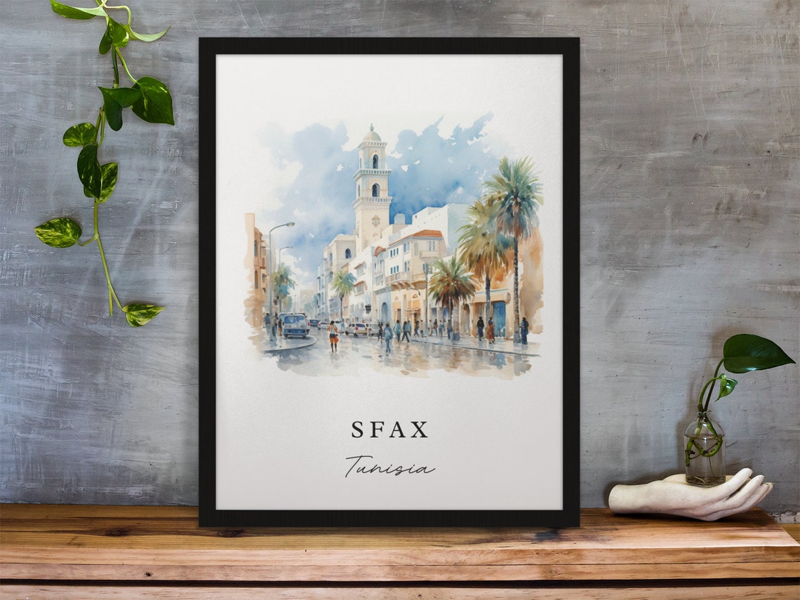 Sfax Tunisia Watercolor Street Palms and Old Tower Travel Poster