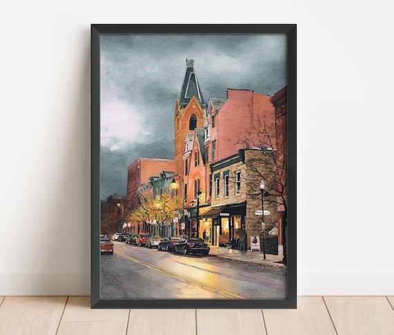 Ann Arbor Michigan Rainy Main Street Brick Buildings Watercolor Wall Art