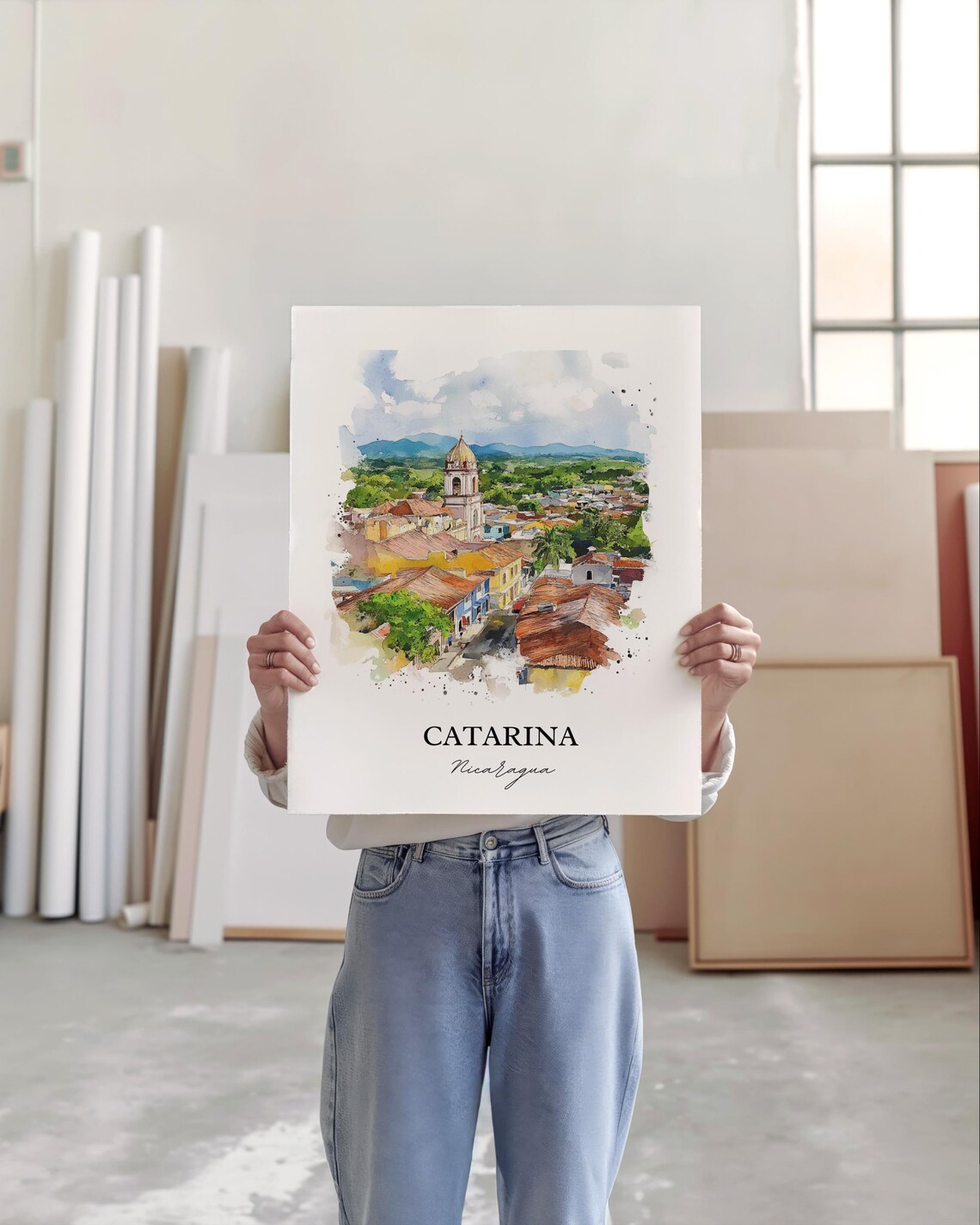 Catarina Nicaragua Watercolor Colonial Town Church View Travel Poster - Image 3