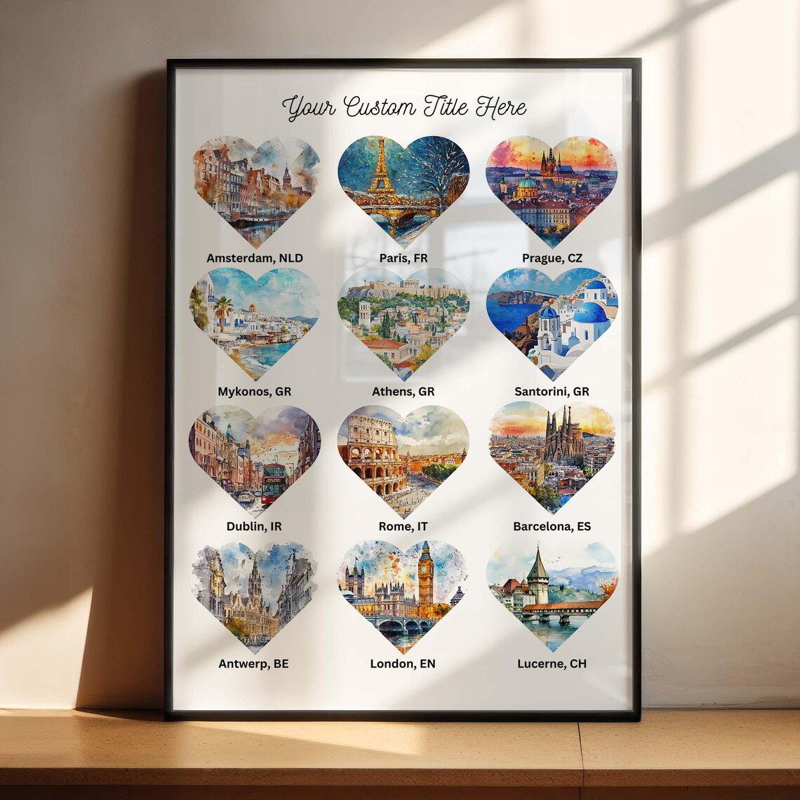 Custom Twelve Heart European City Collage Personalized Travel Poster