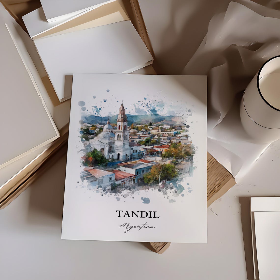 Tandil Argentina Cathedral Watercolor Town Skyline Scene Poster - Image 3