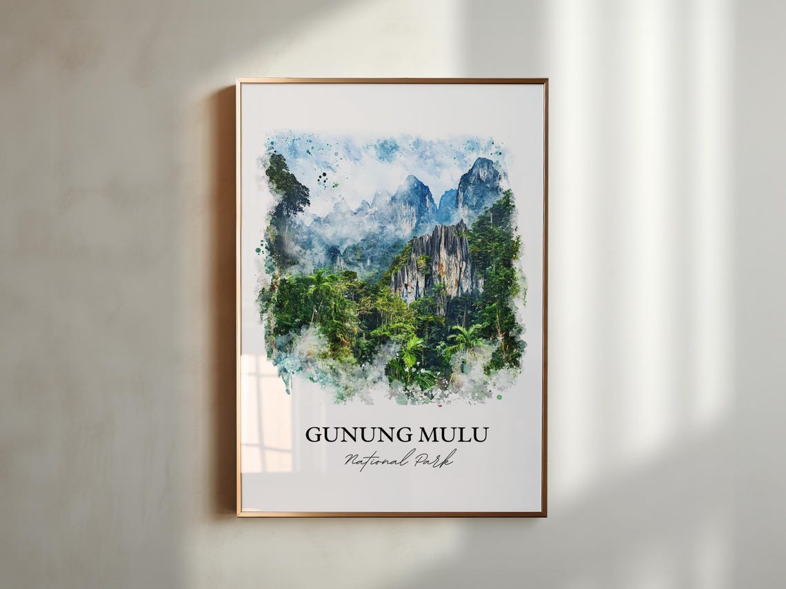Gunung Mulu Malaysia Rainforest Karst Peaks Watercolor Travel Poster - Image 2