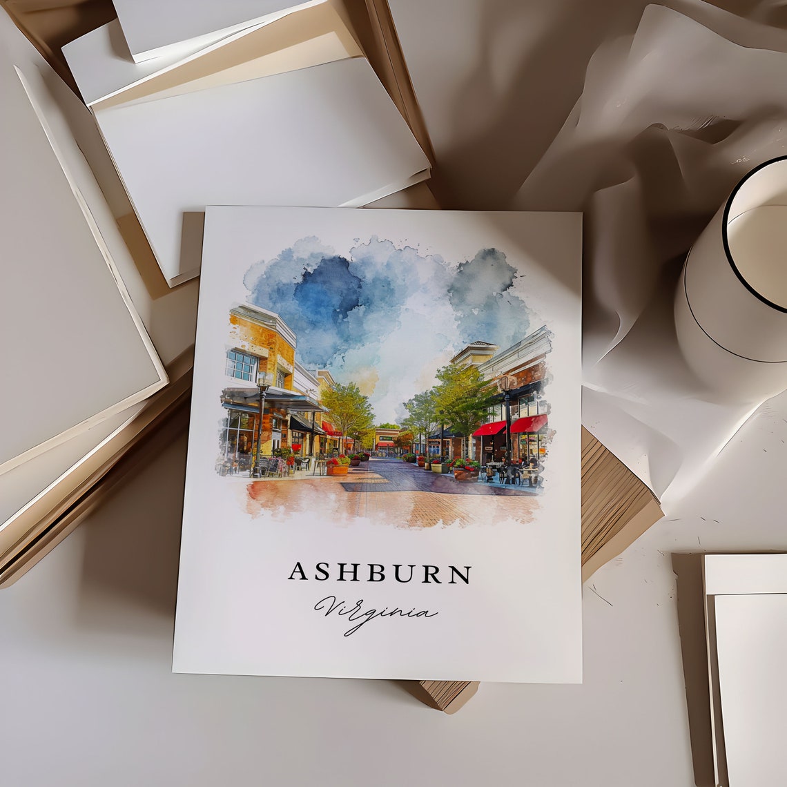 Ashburn Virginia Watercolor Pedestrian Shopping Street Scene Poster - Image 6