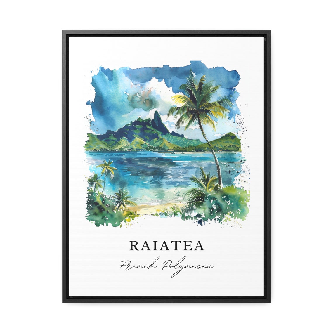 Raiatea French Polynesia Palm Beach Mountain Watercolor Art Poster - Image 3