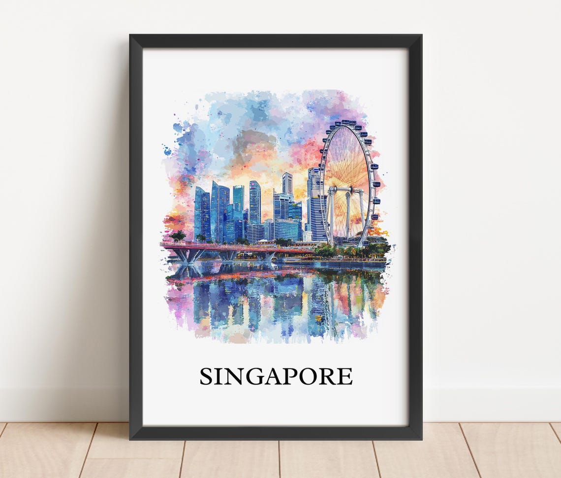 Singapore Watercolor Marina Bay Skyline Ferris Wheel View Poster - Image 2