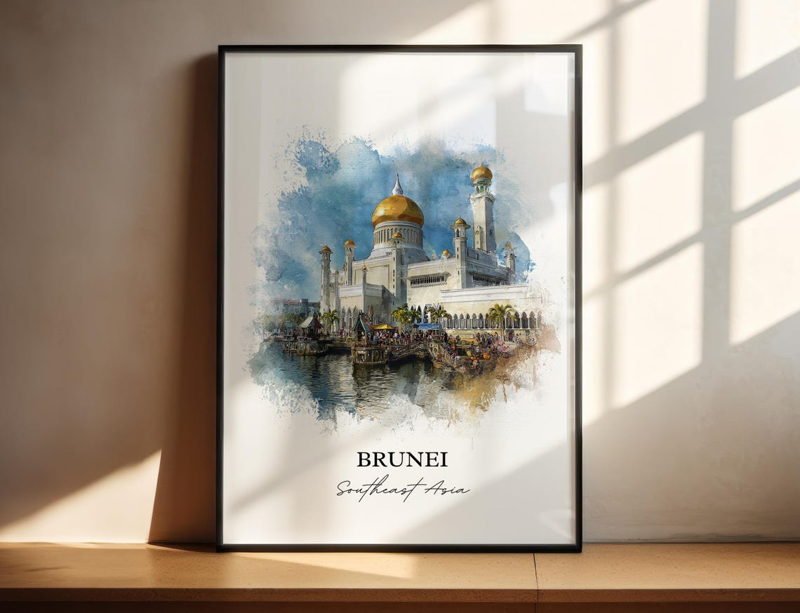 Brunei Southeast Asia Golden Dome Mosque Waterfront Watercolor Poster