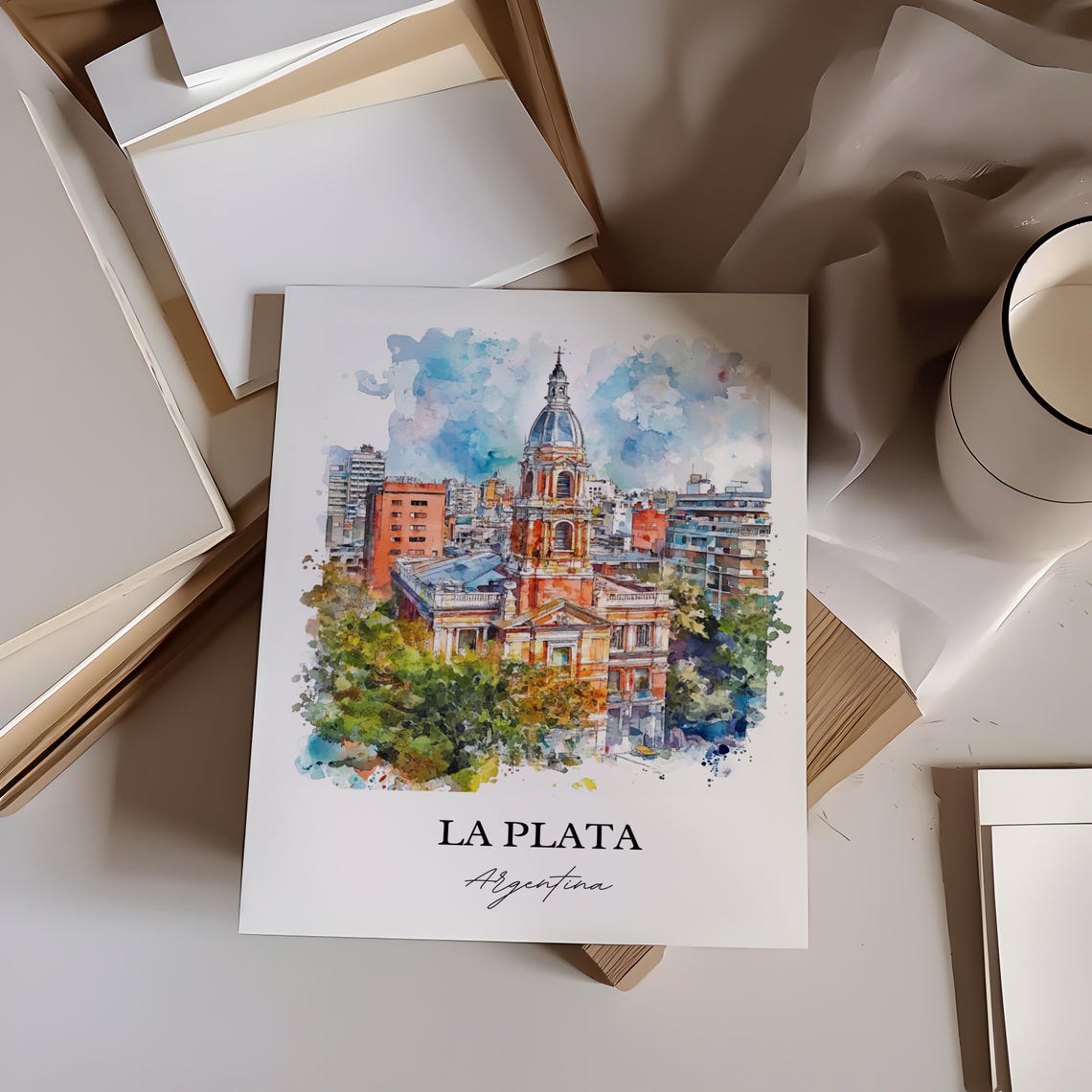 La Plata Argentina Watercolor Red Brick Cathedral Skyline Poster - Image 2