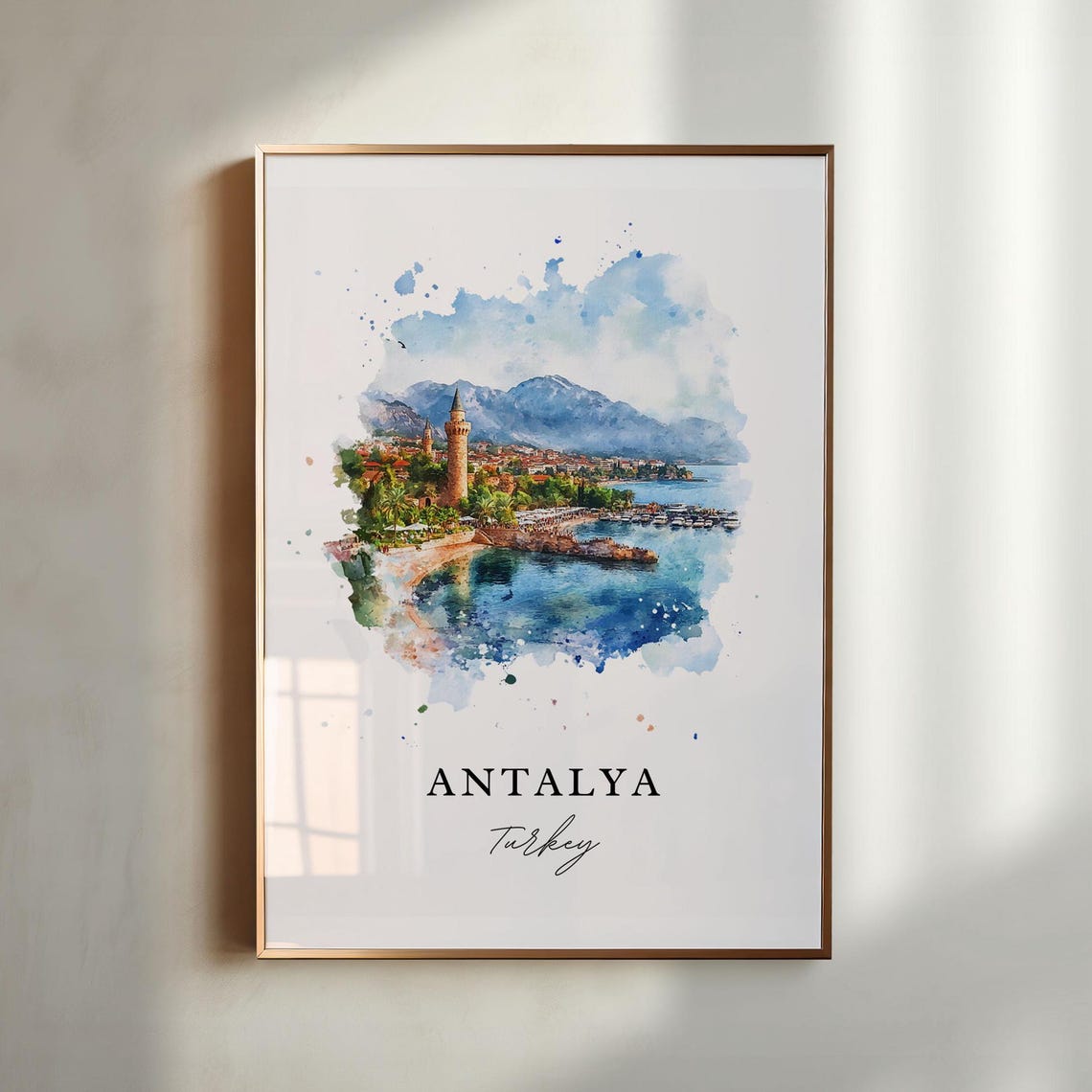 Antalya Turkey Watercolor Old Harbor Coast Mountain Travel Poster