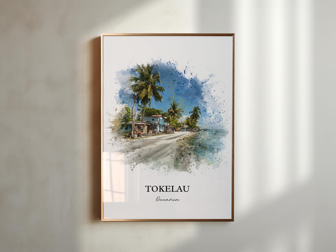 Tokelau Oceania Palm Trees Beachfront Watercolor Island Art Poster - Image 6
