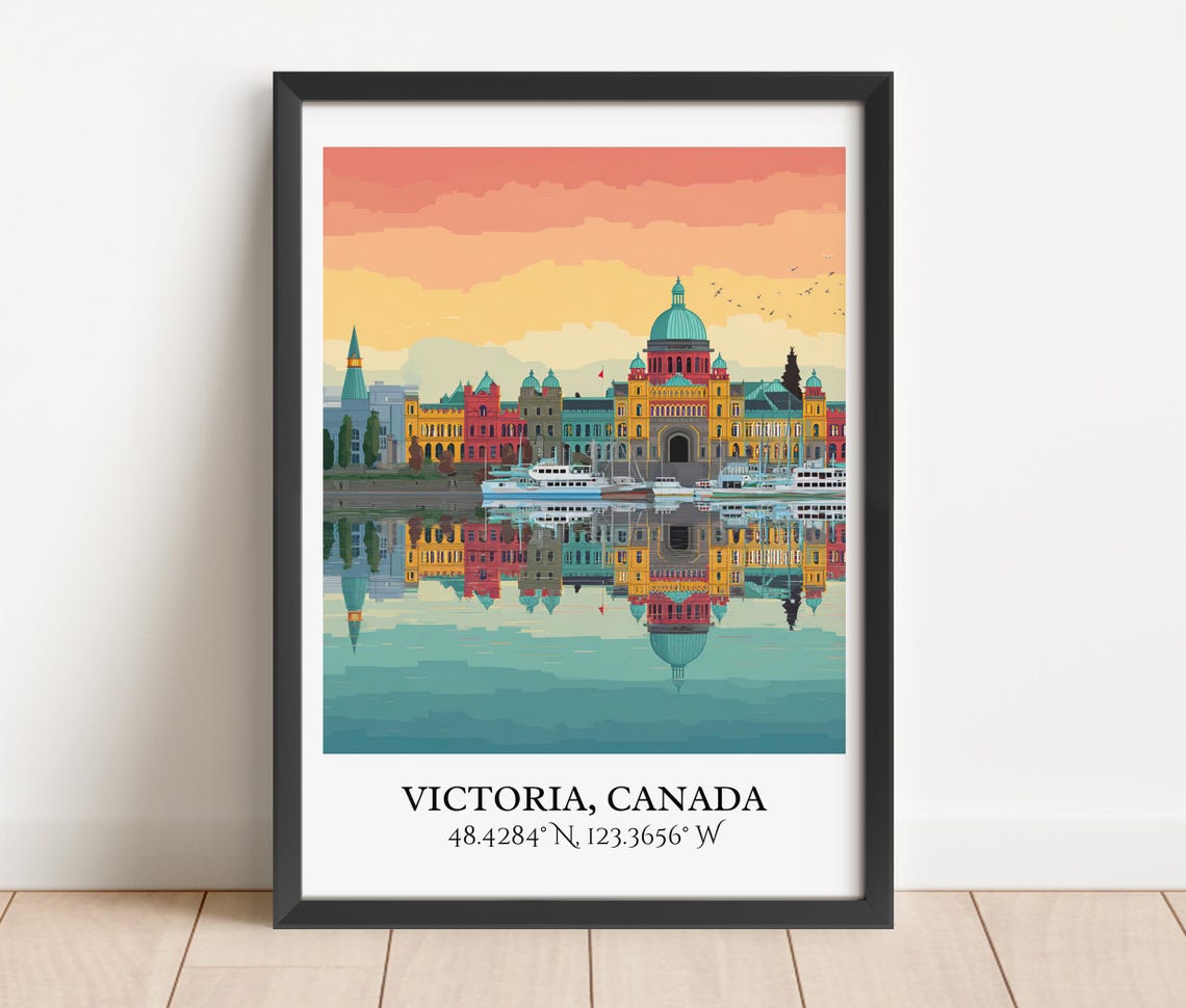 Victoria Canada Harbor Reflection Sunset Skyline Travel Poster - Image 2