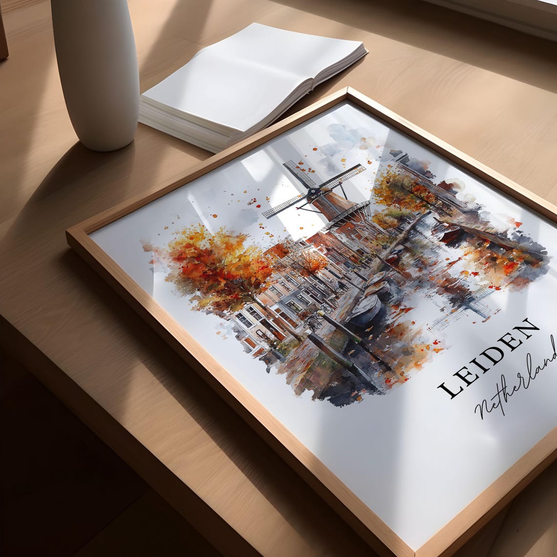 Leiden Netherlands Canal Windmill Autumn Watercolor City Poster - Image 5