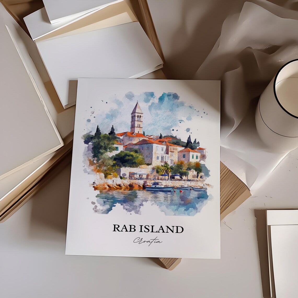 Rab Island Croatia Bell Tower Coastal Town Watercolor Poster - Image 4