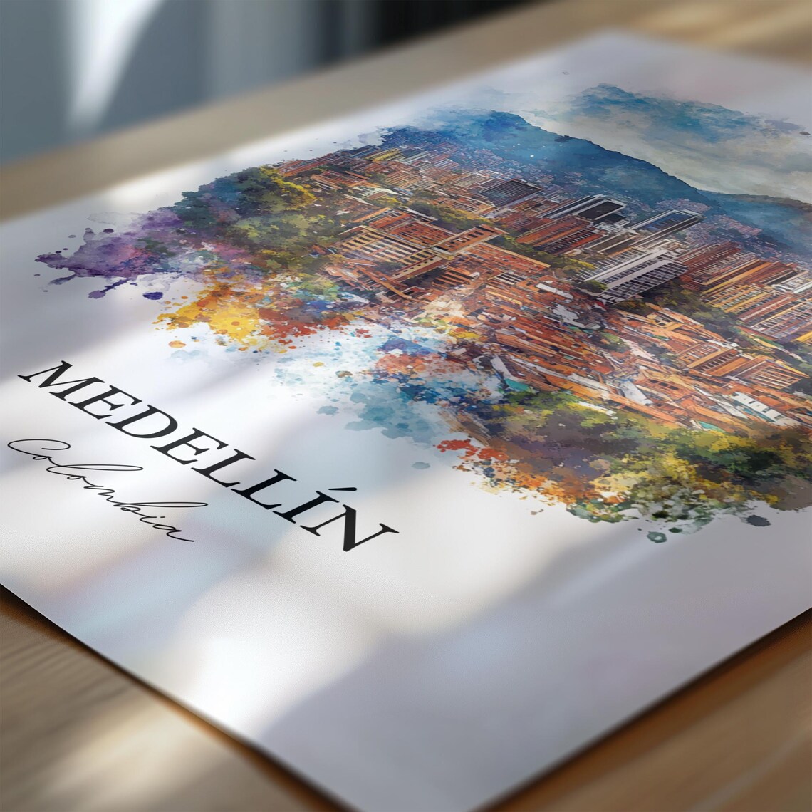Medellin Colombia Watercolor City Towers Mountain Sunset Poster - Image 6