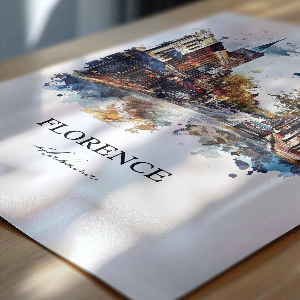 Florence Alabama Downtown Streetscape Church Steeple Watercolor Poster - Image 6