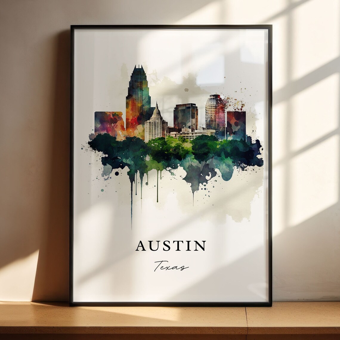 Austin Texas Colorful Skyline Watercolor Drip Art Travel Poster