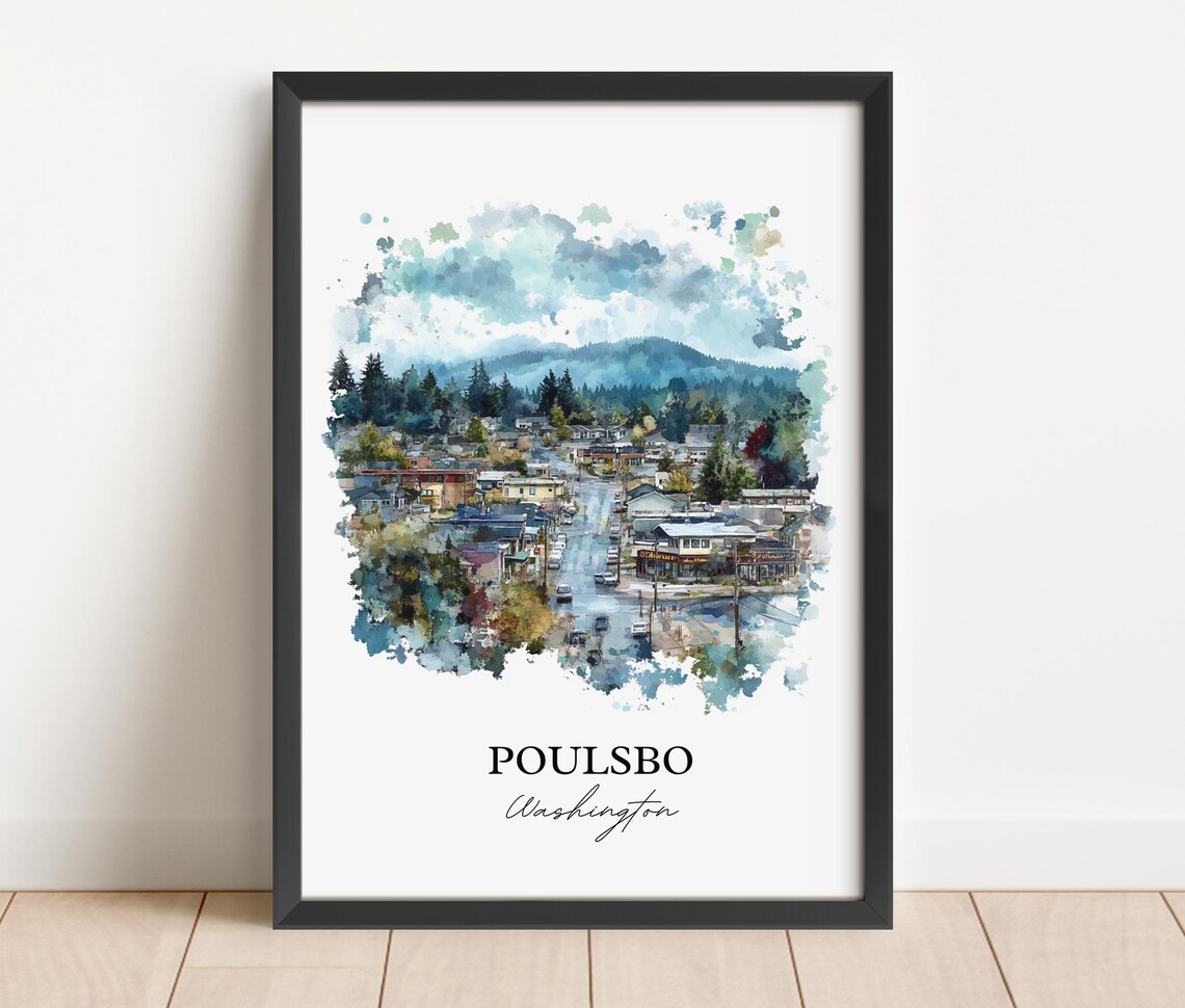 Poulsbo Washington Evergreen Town Aerial Watercolor Travel Poster - Image 5
