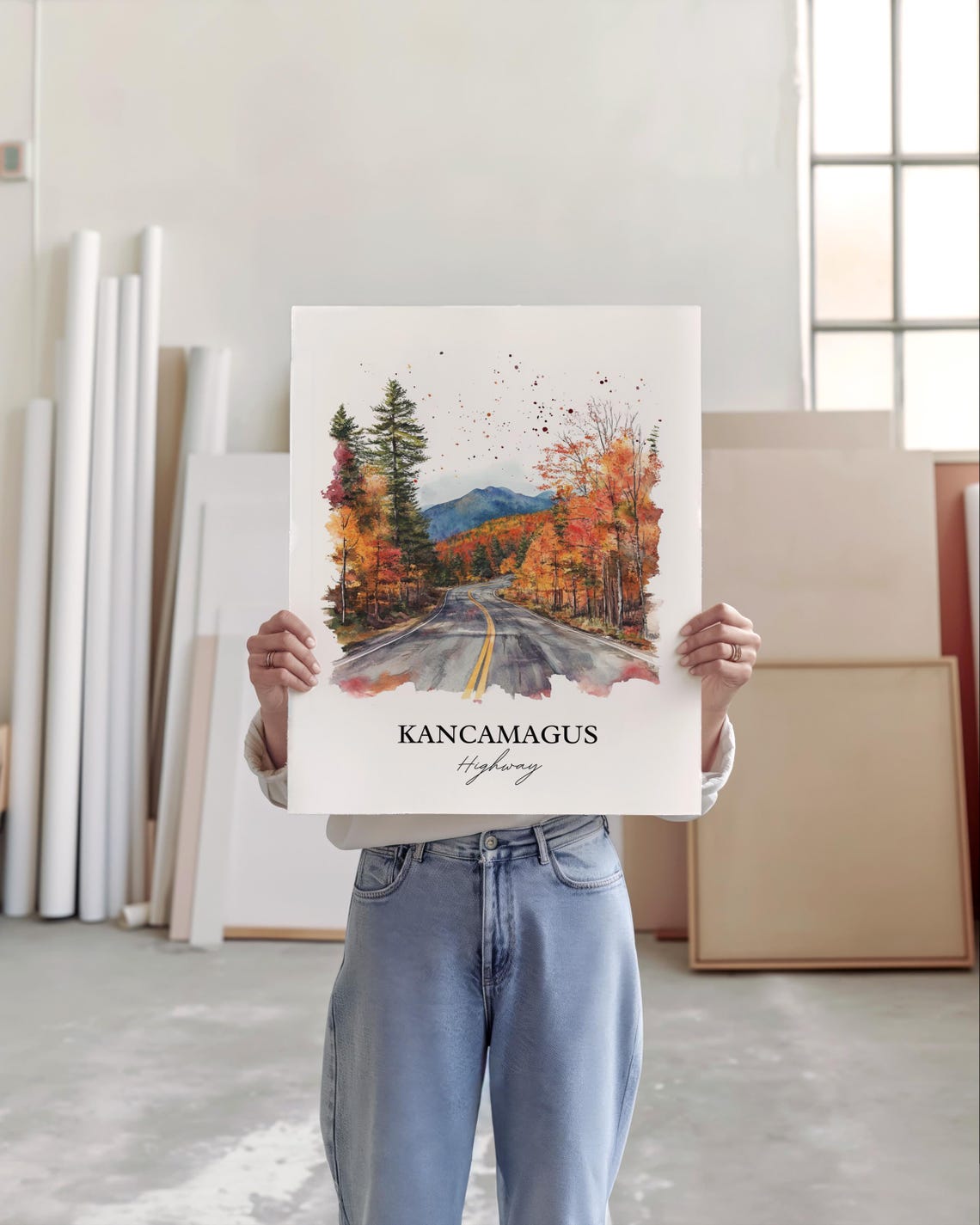 Kancamagus Highway Fall Foliage Mountain Road Watercolor Poster - Image 3