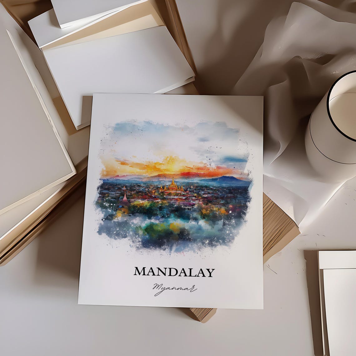 Mandalay Myanmar Watercolor Sunset Golden Temple City Poster - Image 2
