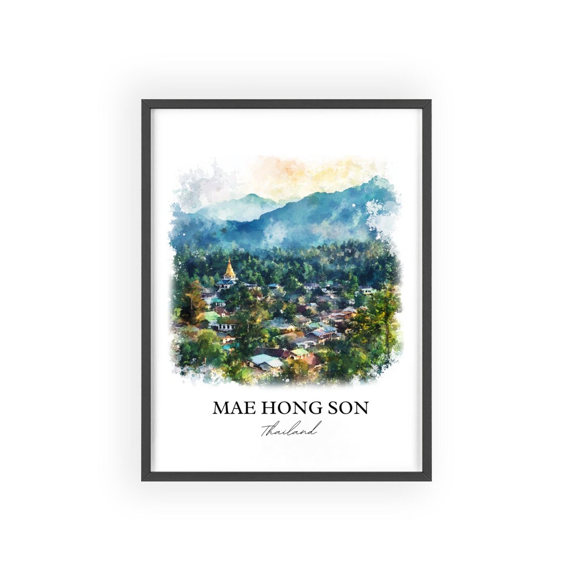Mae Hong Son Thailand Watercolor Mountain Town Temple Art Poster - Image 2