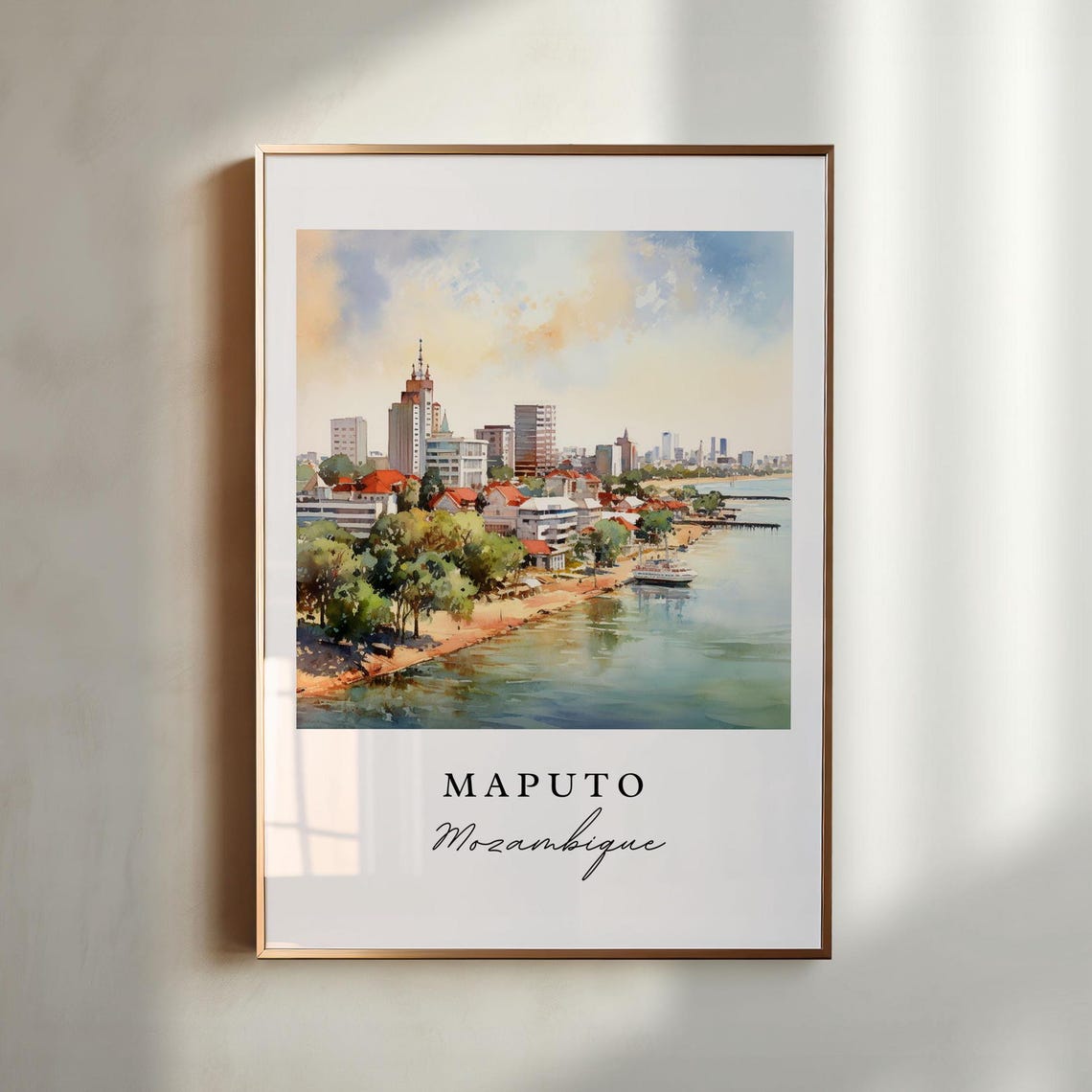 Maputo Mozambique Waterfront Skyline Watercolor Travel Poster