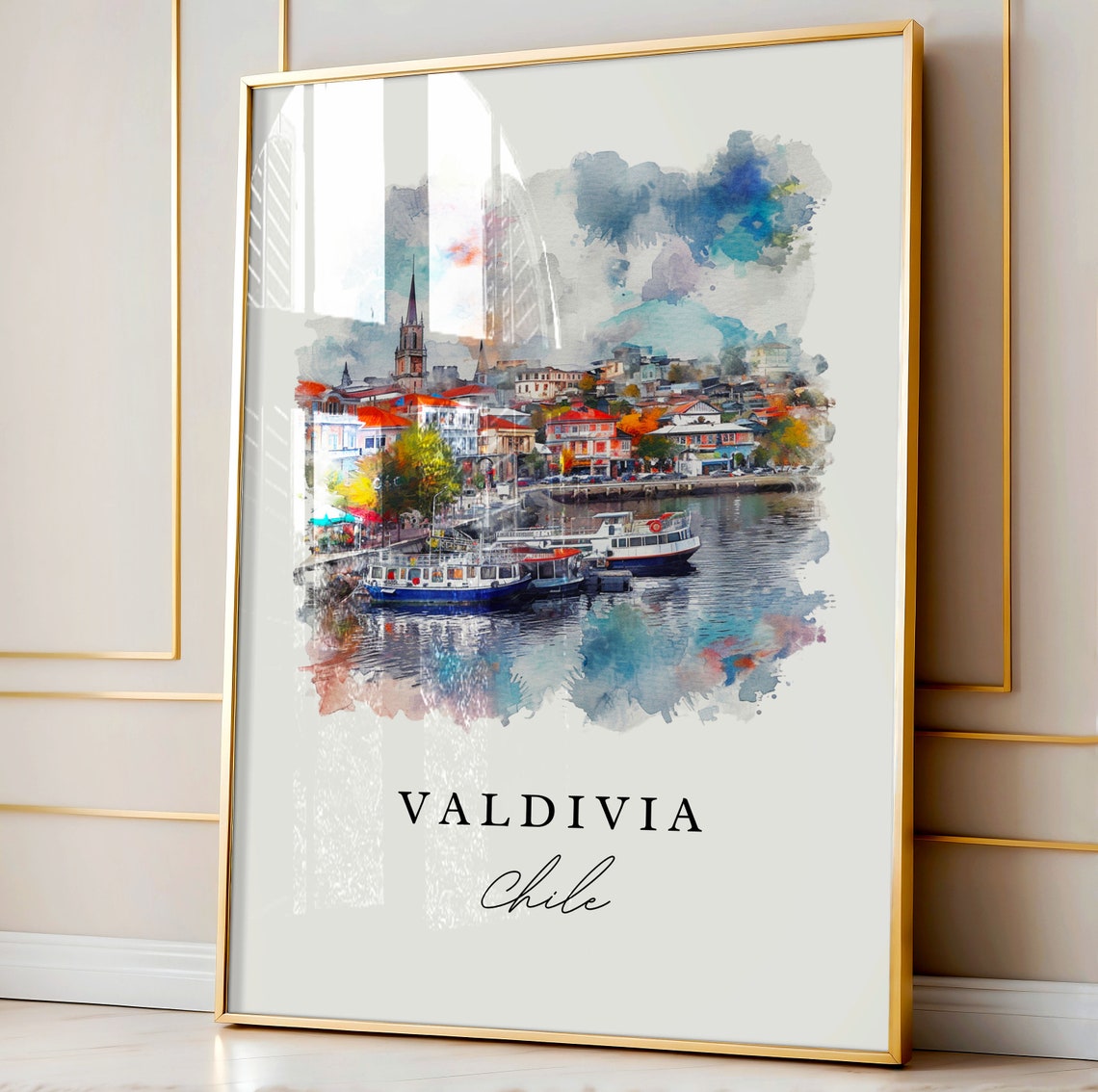 Valdivia Chile River City Boats Harbor Watercolor Travel Poster - Image 4