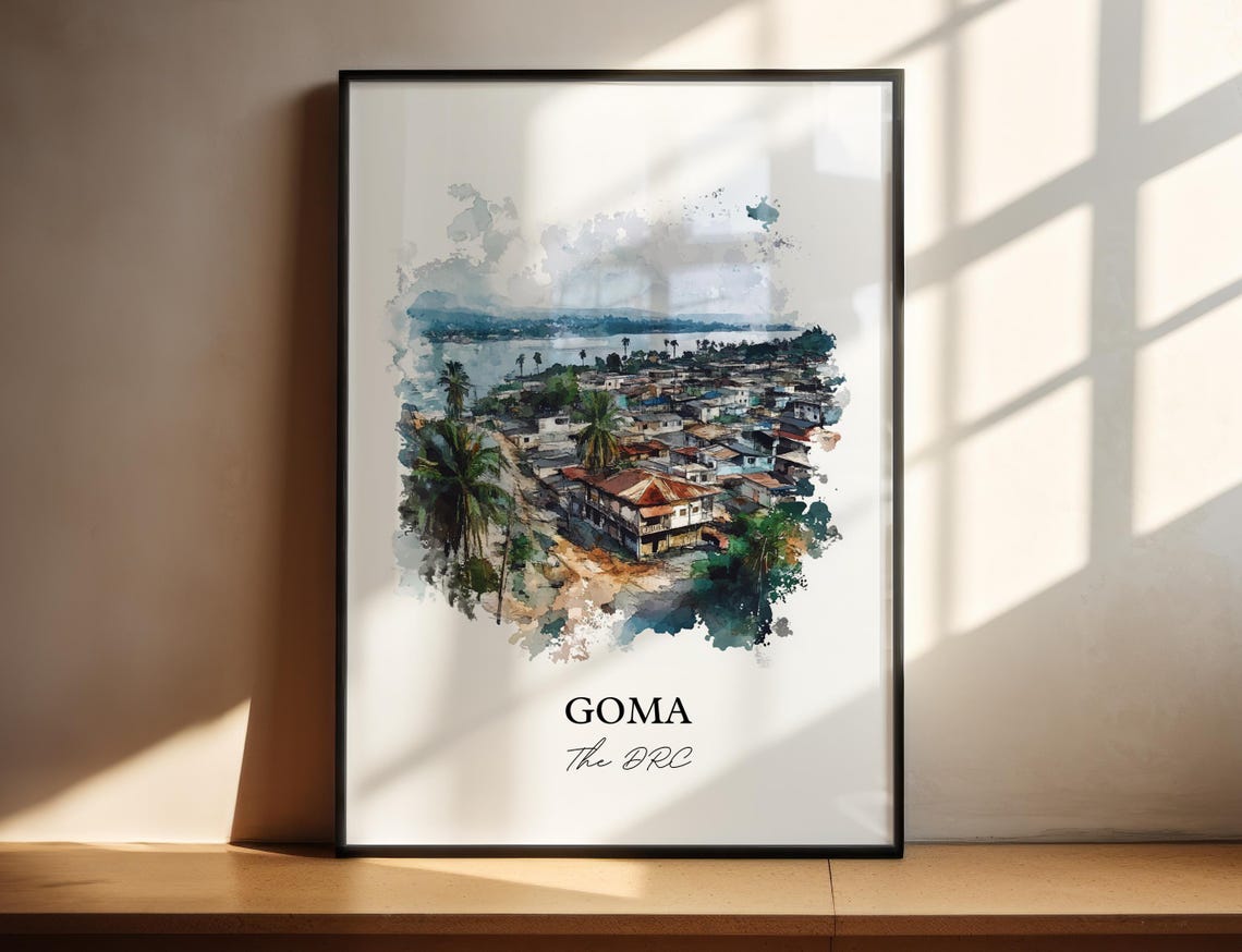 Goma Congo Watercolor Cityscape Lakeside Town Gift Art Poster