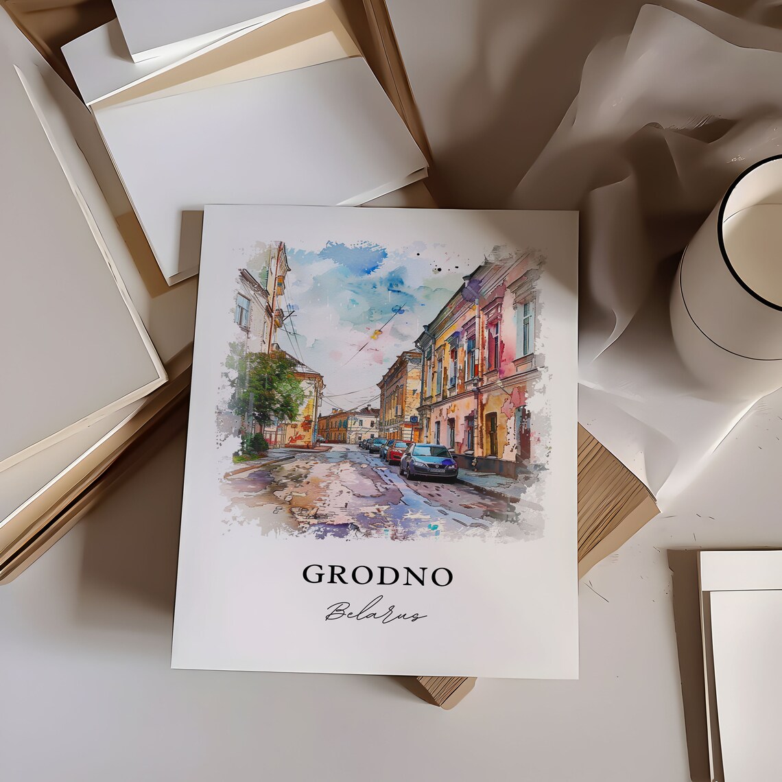 Grodno Belarus Pastel Old Street Watercolor City Travel Poster - Image 6