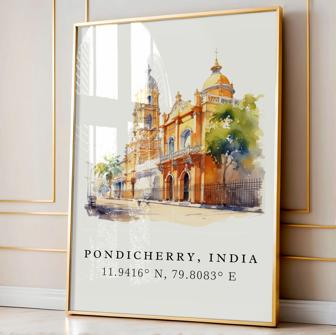 Pondicherry India Coordinates Colonial Church Watercolor Travel Poster - Image 3
