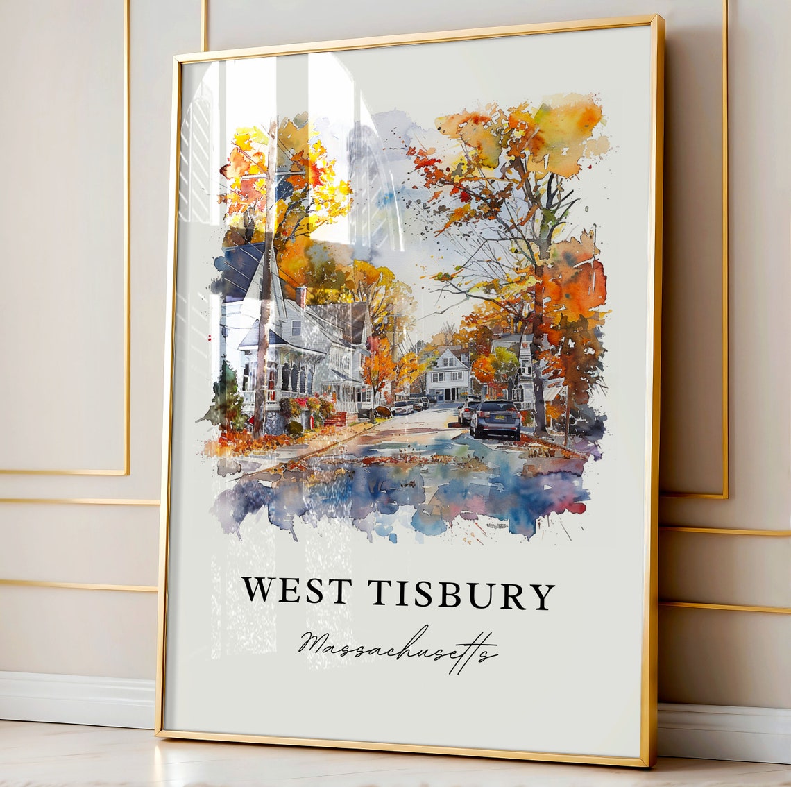 West Tisbury Massachusetts Watercolor Fall Street Scene Art Poster - Image 5