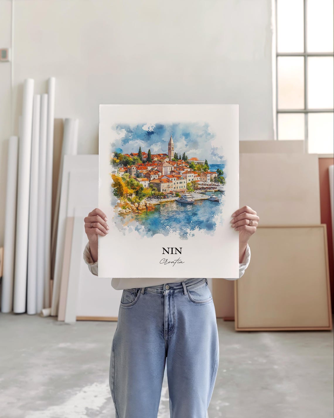 Nin Croatia Coastal Old Town Bell Tower Sea View Watercolor Poster - Image 2