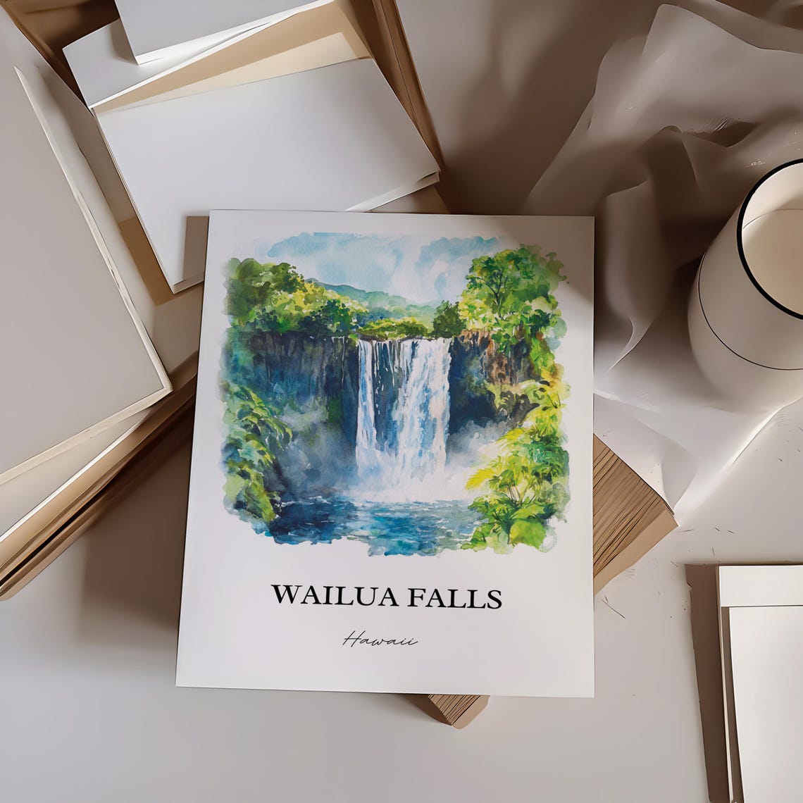 Wailua Falls Hawaii Lush Jungle Waterfall Watercolor Travel Poster - Image 5