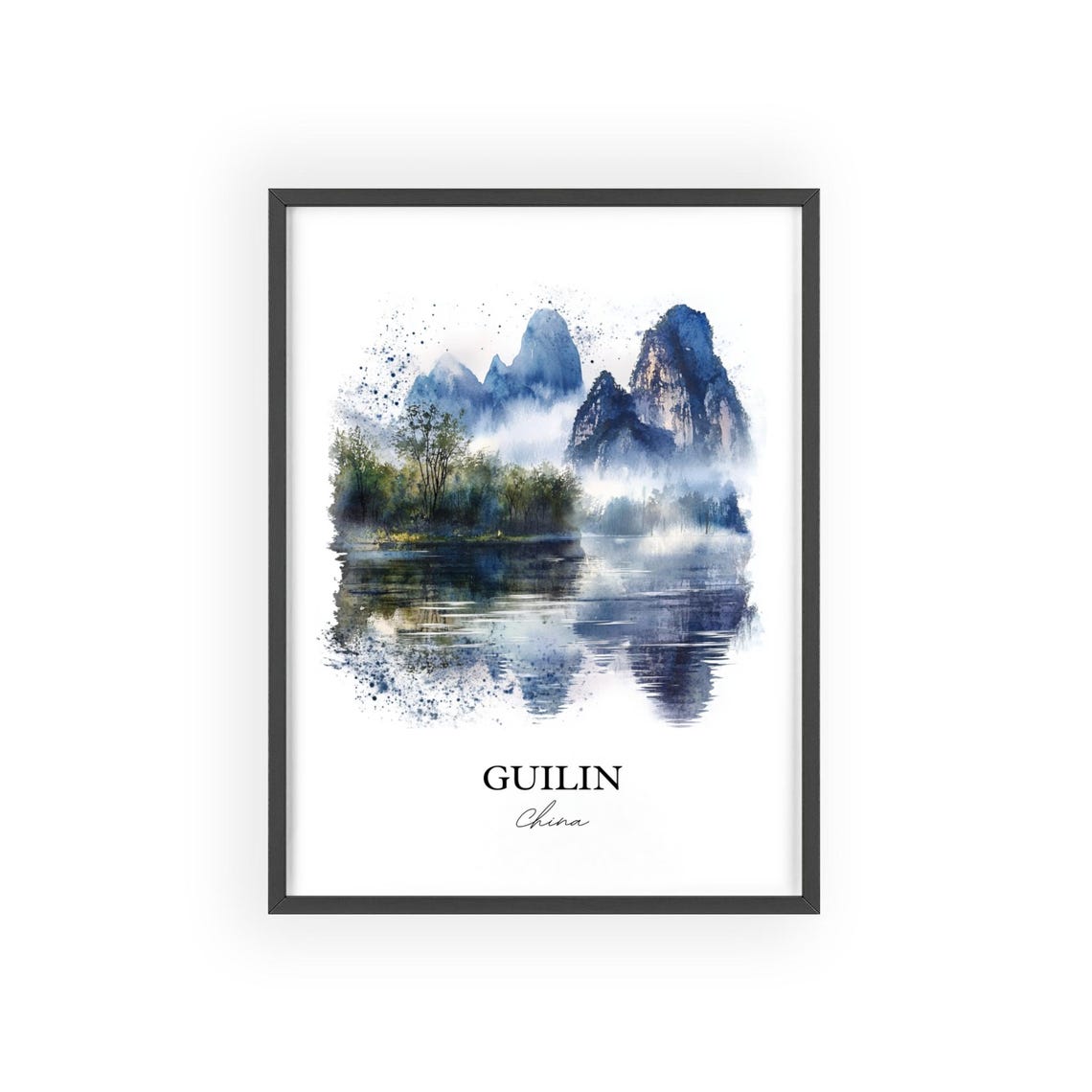 Guilin China Watercolor Karst Mountains Misty River Art Poster - Image 2