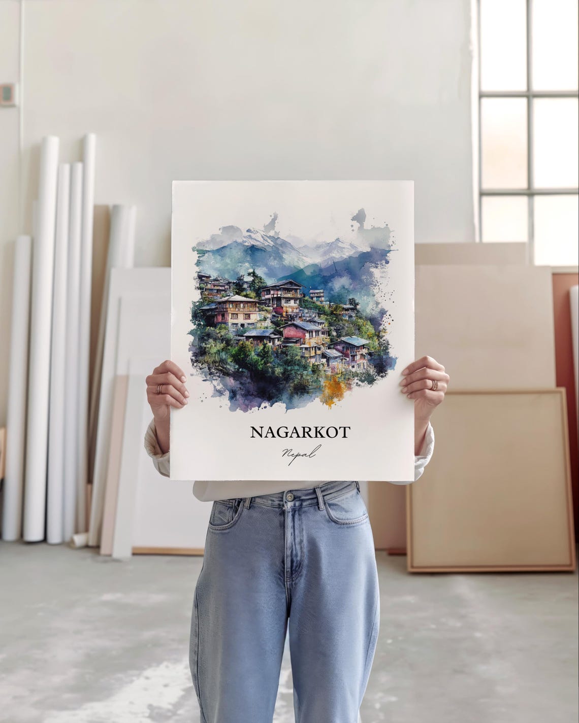 Nagarkot Nepal Watercolor Hill Village Snow Peaks Travel Poster - Image 6