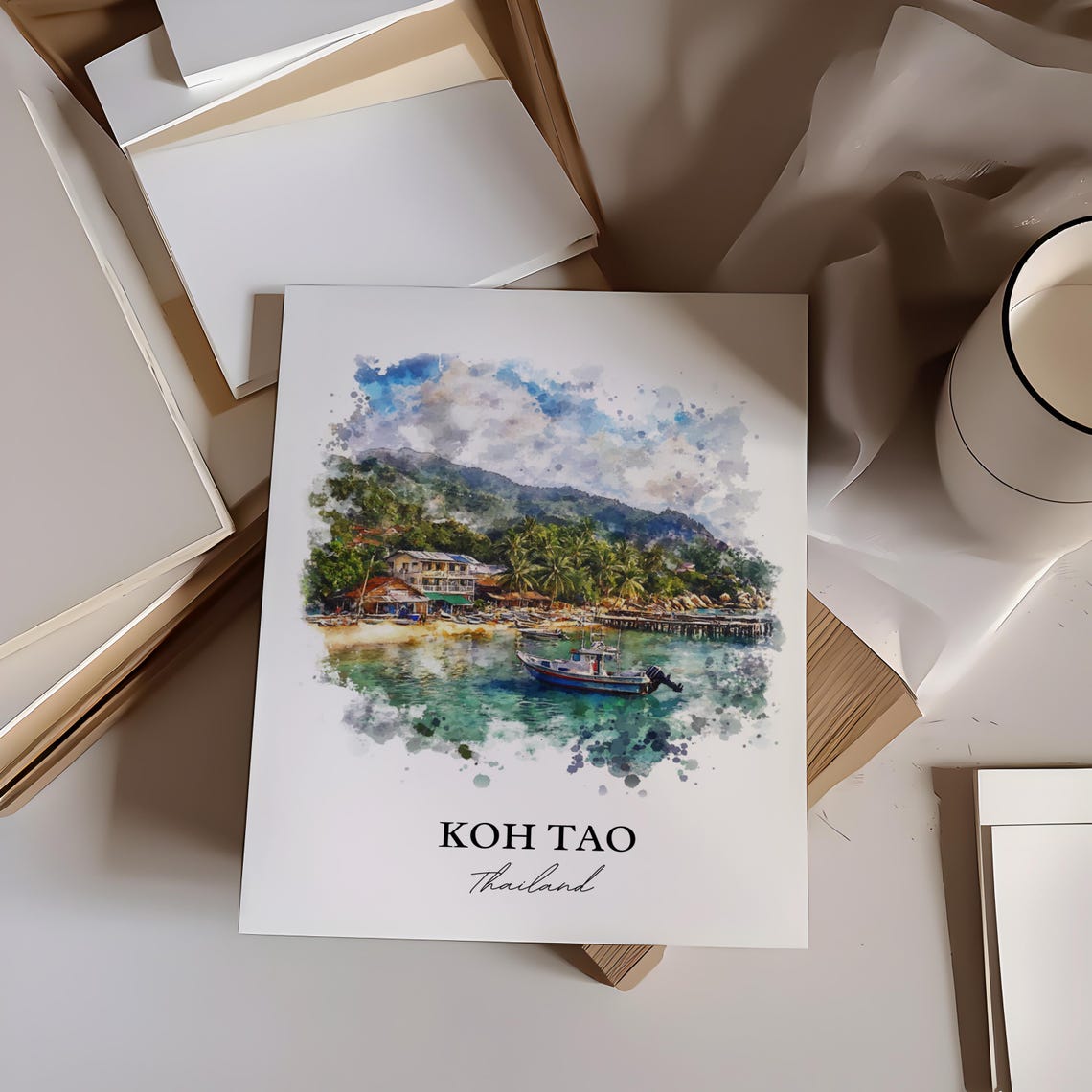 Koh Tao Thailand Watercolor Tropical Beach Fishing Boat Art Poster - Image 7