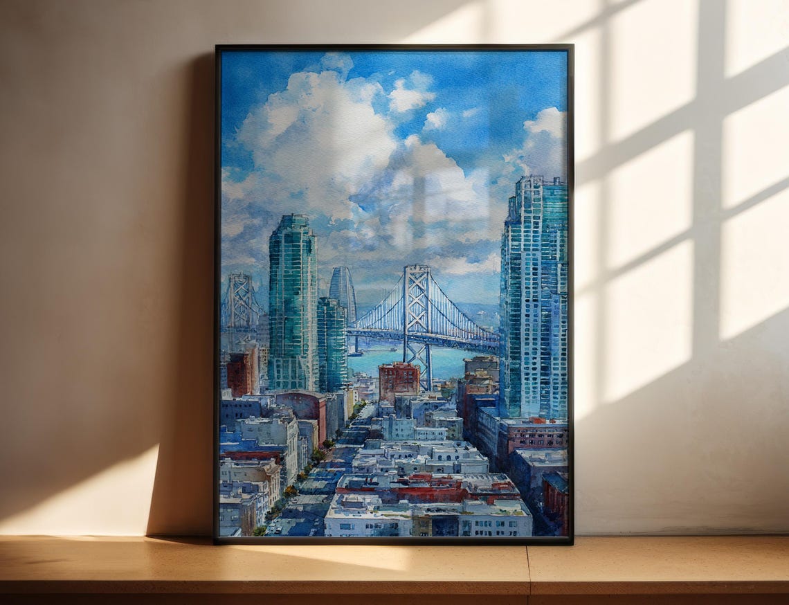 San Francisco Bay Bridge Skyline Watercolor Cityscape Travel Poster