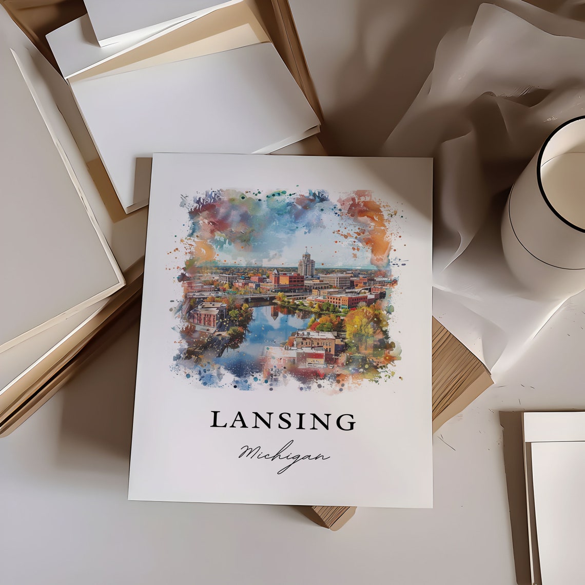 Lansing Michigan Watercolor Downtown River Autumn Scene Poster - Image 6