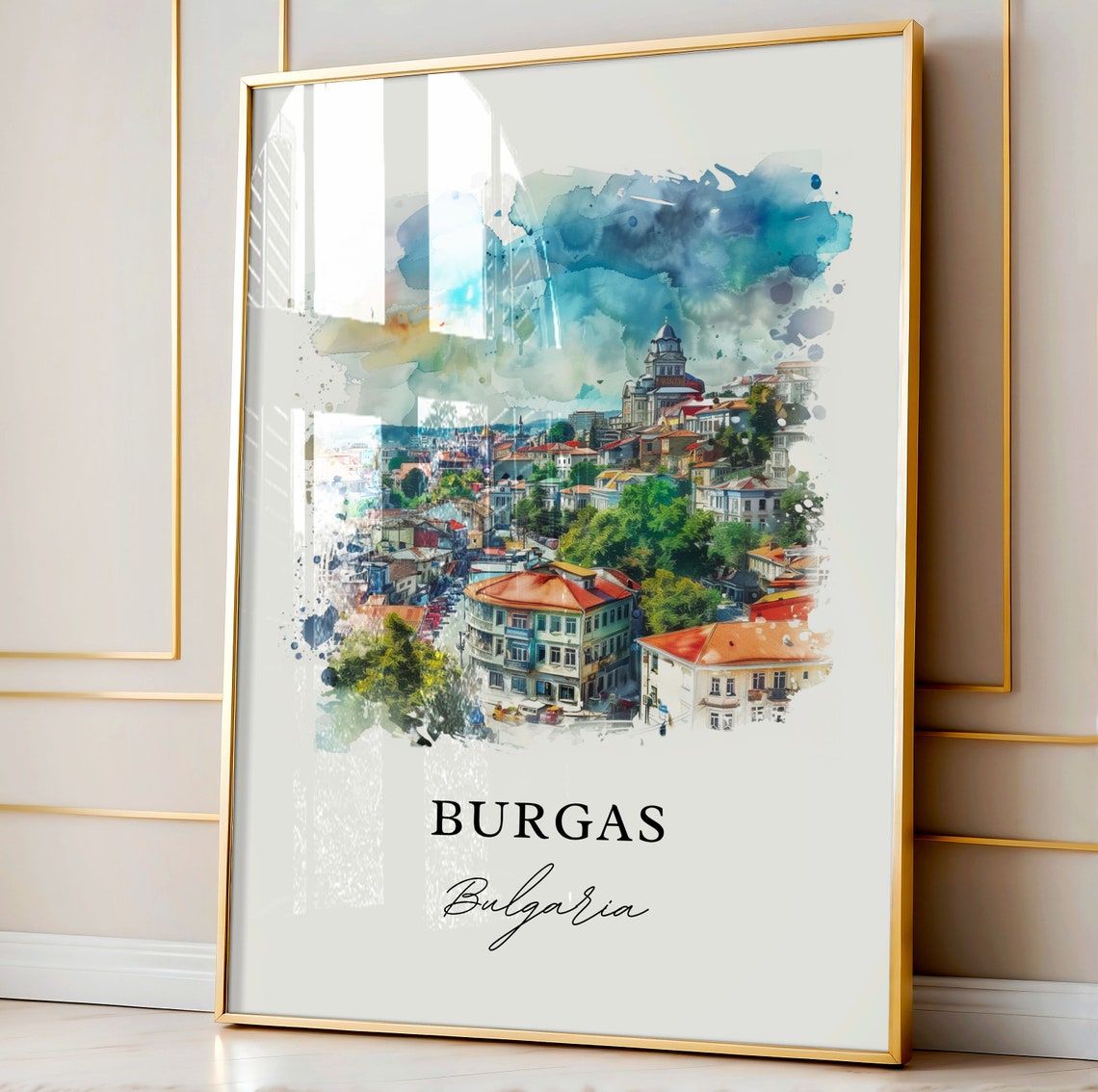 Burgas Bulgaria Cityscape Red Roof Cathedral Watercolor Poster - Image 4