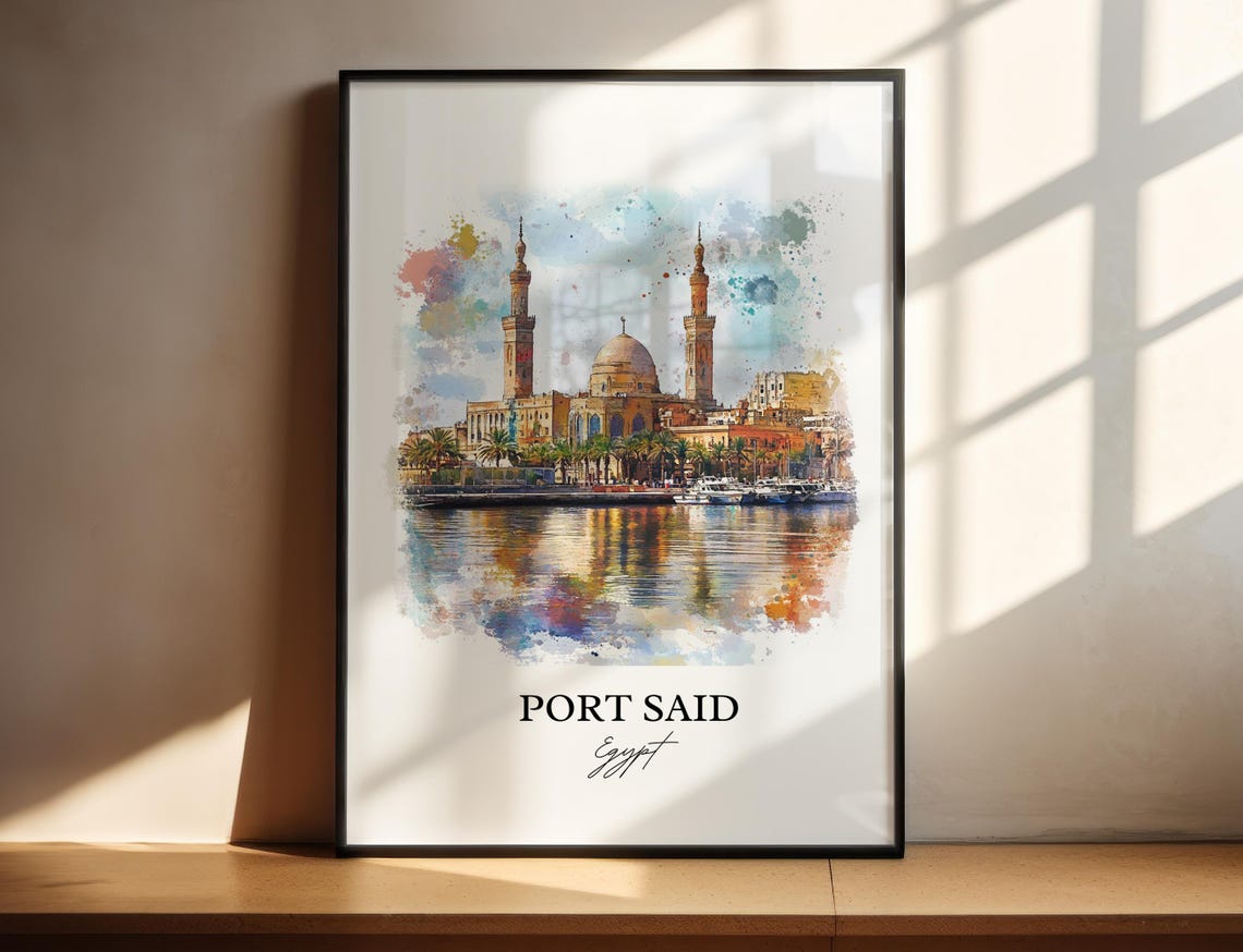 Port Said Egypt Waterfront Mosque Skyline Watercolor Art Poster