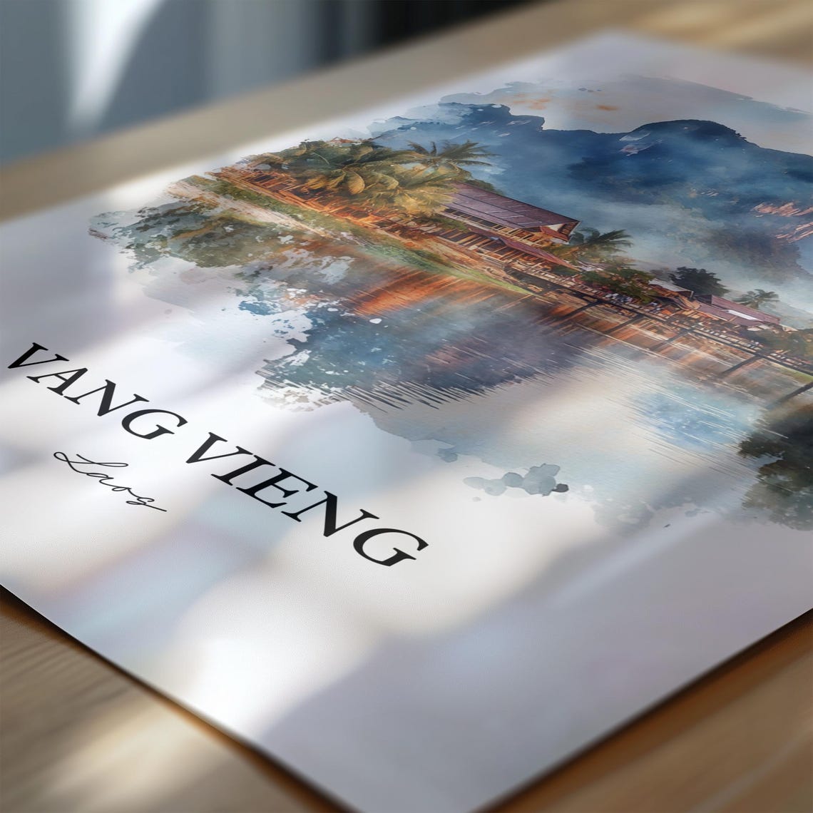 Vang Vieng Laos Watercolor Karst Mountains Sunset River Poster - Image 4