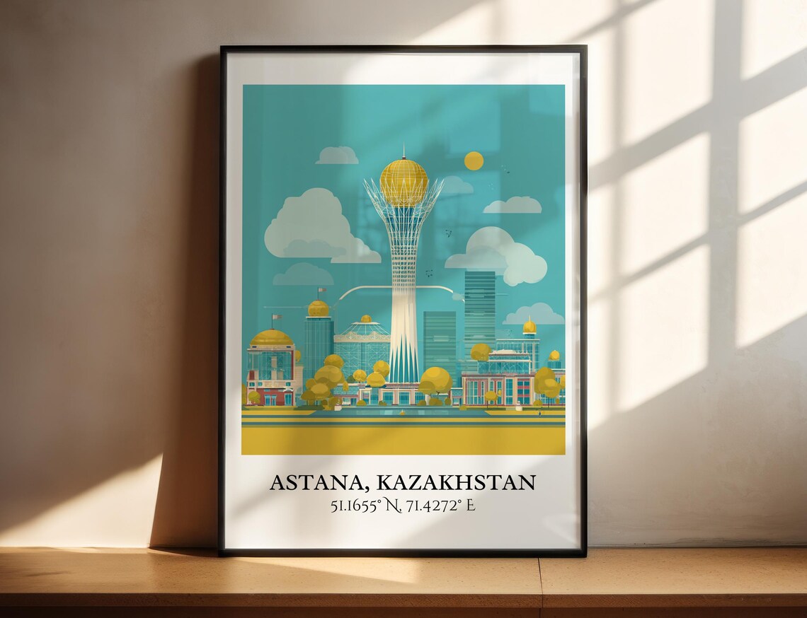 Astana Kazakhstan Bayterek Golden Orb Tower Retro Travel Poster