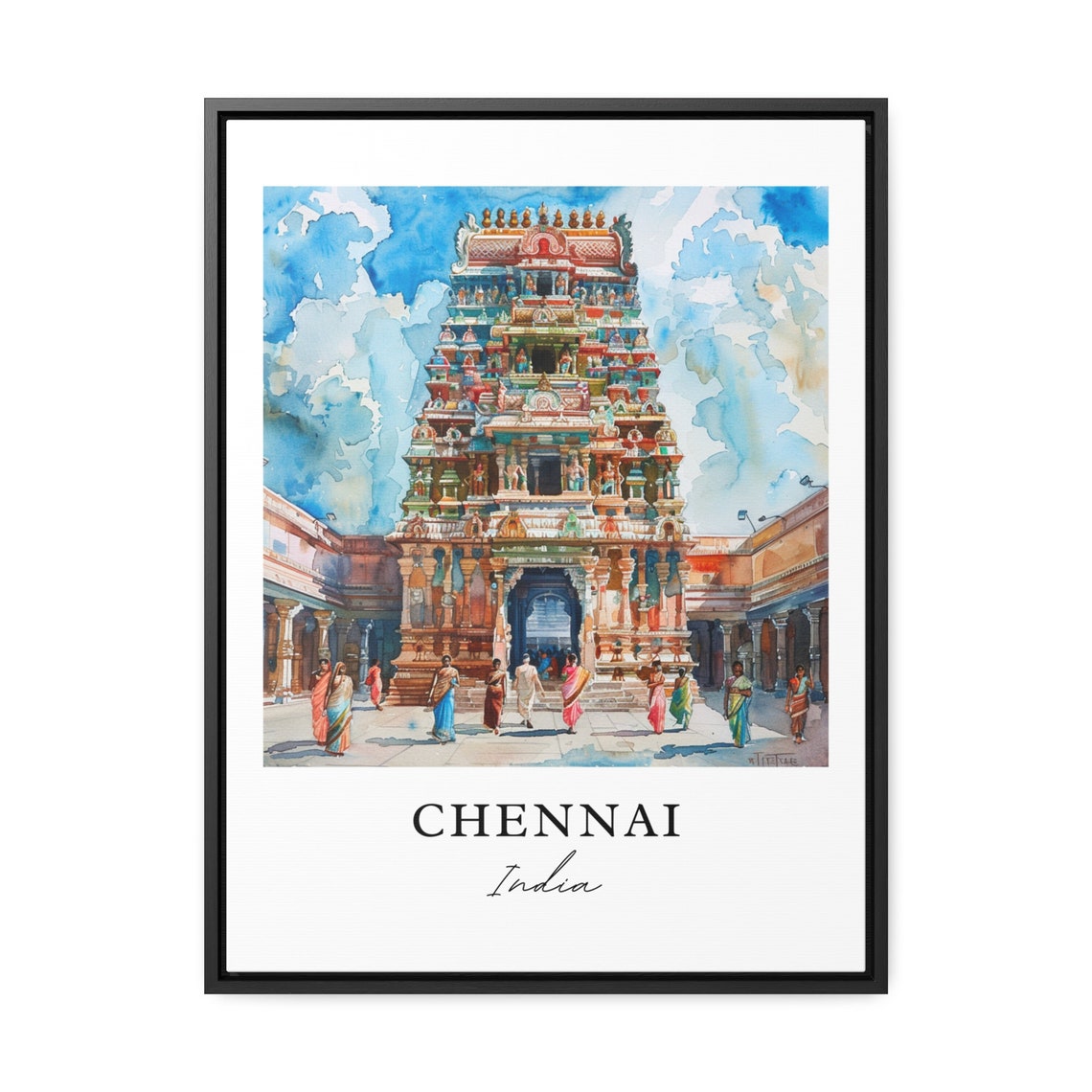 Chennai India Colorful Temple Gopuram Watercolor Travel Poster - Image 3