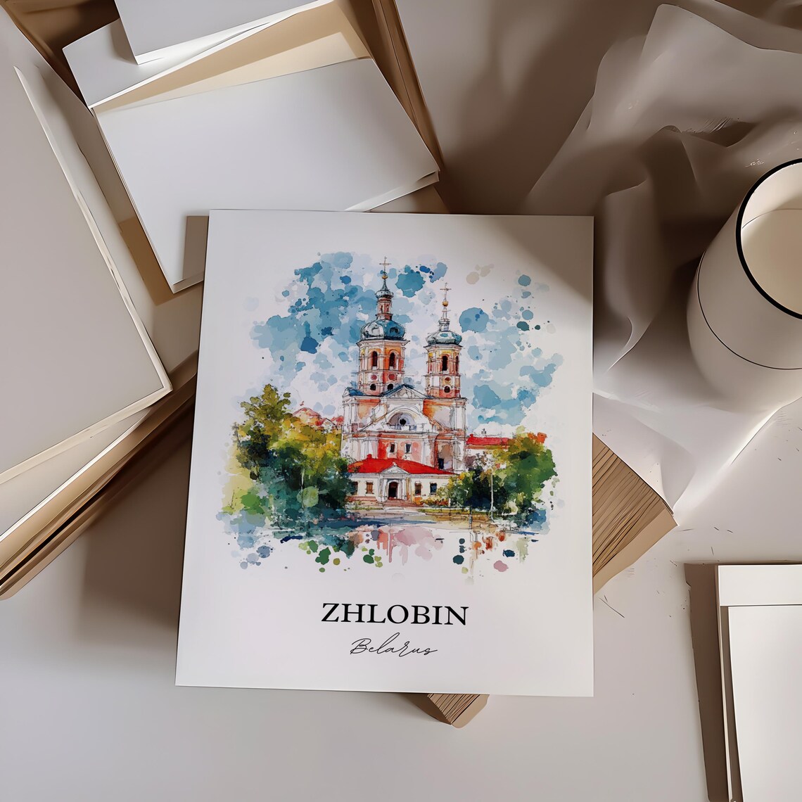 Zhlobin Belarus Twin Towered Church in Green Watercolor Poster - Image 2
