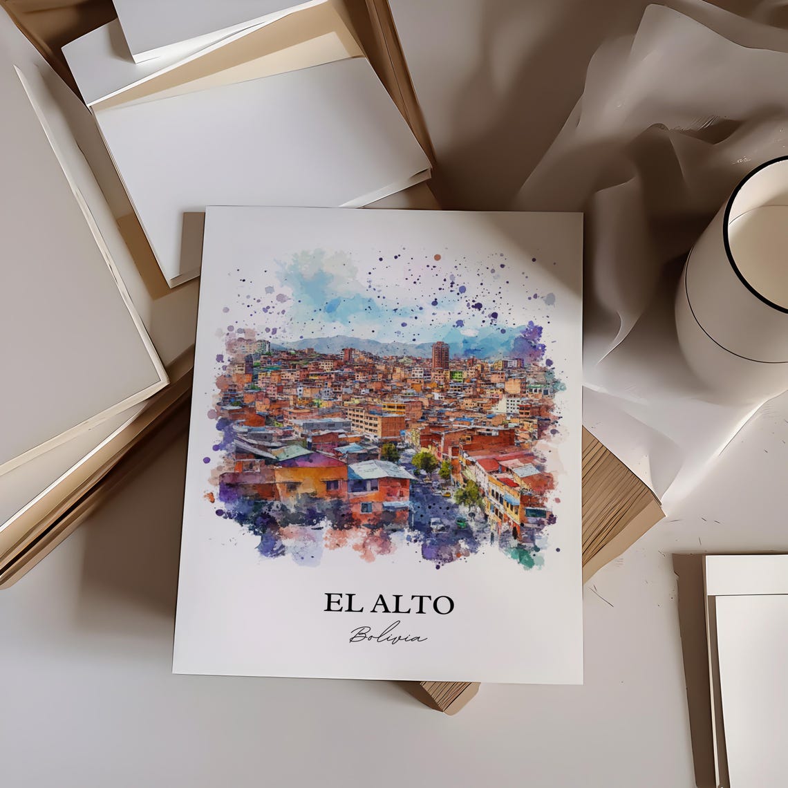 El Alto Bolivia Watercolor Dense Cityscape Mountain Backdrop Poster - Image 2