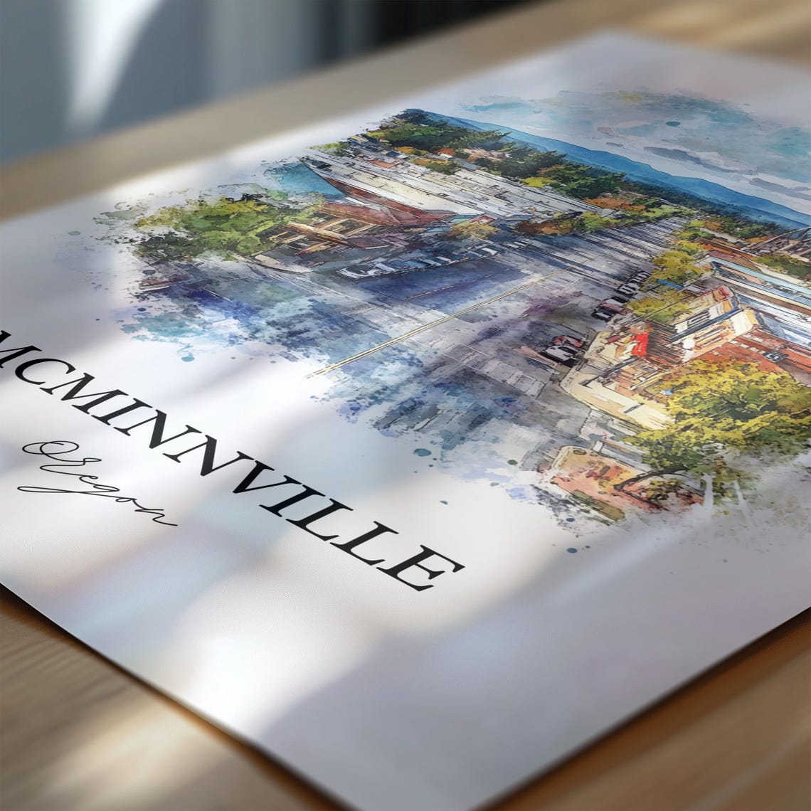 McMinnville Oregon Downtown Aerial Watercolor Travel Gift Poster - Image 6